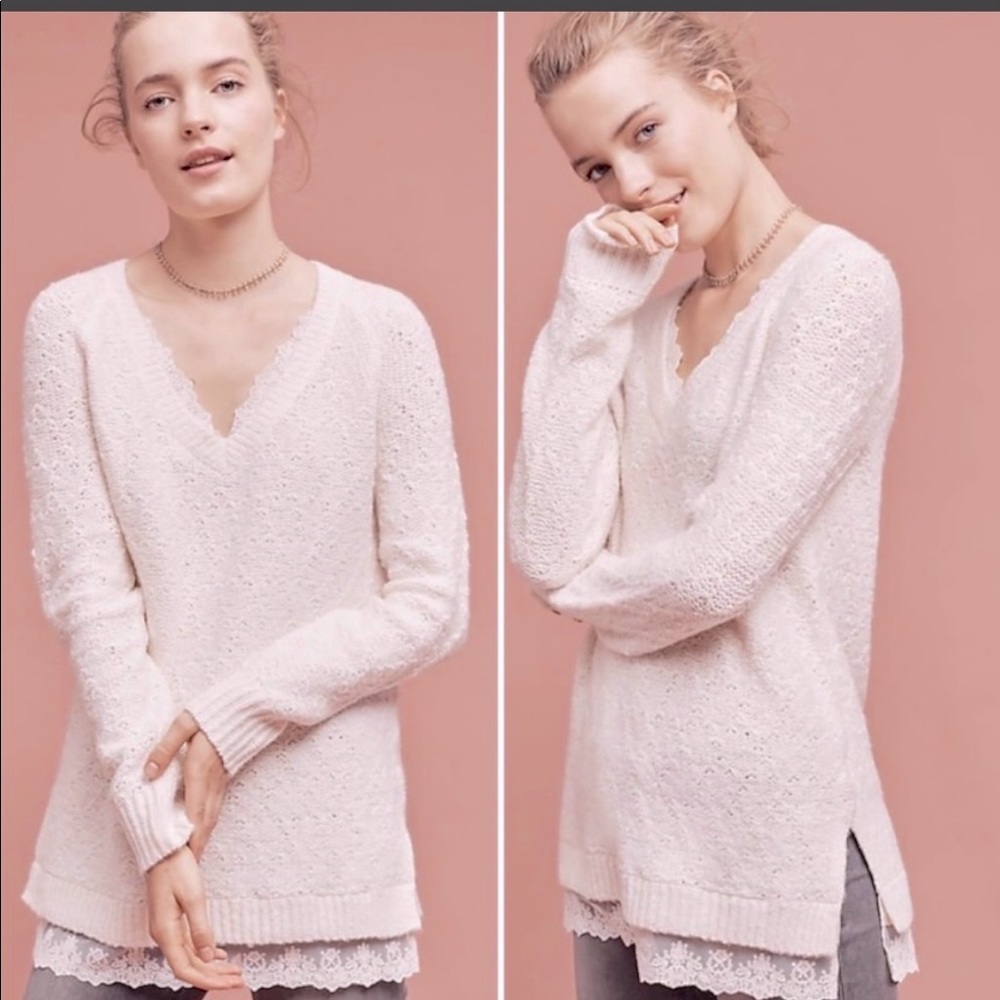 ANTHRO KNITTED & KNOTTED Ivory Lace Betten Knit Long Sweater